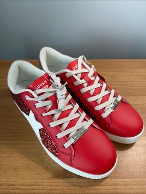 Red Glitter Star Lace-Up Sneakers by Lucky Step